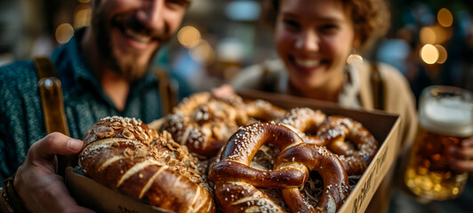 Smiling couple shares delicious pretzels and beer, enjoying a festive celebration together. Food, beverage, and friendship.
