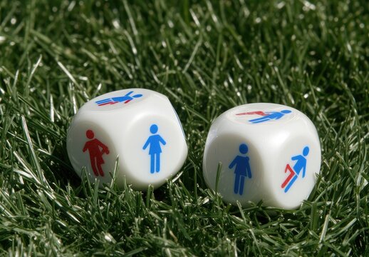 Two dice with gender icons on grass - Powered by Adobe