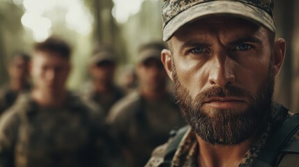 Obraz premium A powerful portrait of a soldier with a serious expression, surrounded by fellow comrades, evoking themes of strength, unity, and determination in challenging environments.