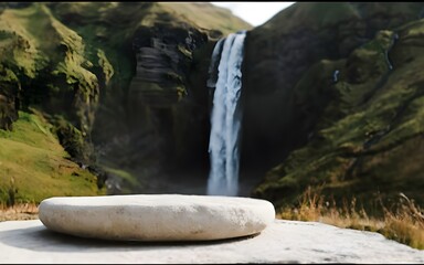 Nature backround for product placement, 3D waterfall landscape mockup backdrop for product and cosmetic presentation, backdrop photo for package or packaging box container