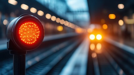 A striking image of a red signal light illuminating a train station, capturing the tension of waiting for a train, evoking feelings of anticipation and urgency.