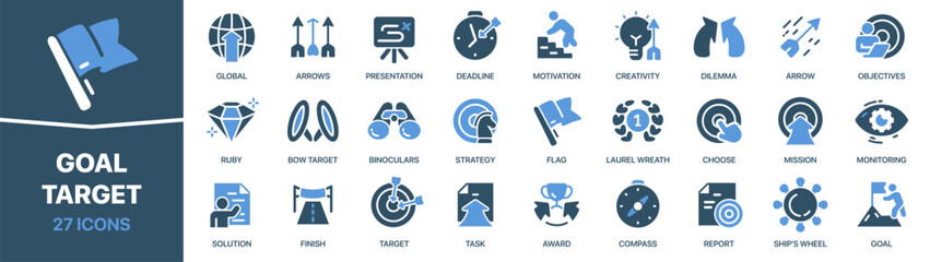 Goal and target colored signed icon collection. Arrow, deadline, strategy, flag, task icons. UI icon set. Colored icons pack. Vector illustration