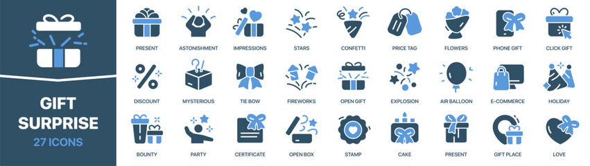 Gift and surprise colored signed icon collection. Present, confetti, fireworks, bounty icons. UI icon set. Colored icons pack. Vector illustration
