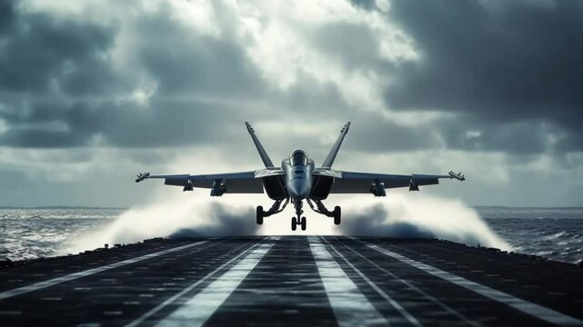 F-18 Hornet landing on an Aircraft Carrier, Dramatic Landing with spray and wave action