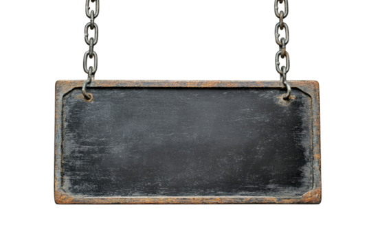 Rustic, weathered sign hanging on chains