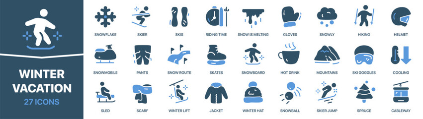 Winter vacation colored signed icon collection. Snow, skier, snowboard, sled, spruce icons. UI icon set. Colored icons pack. Vector illustration