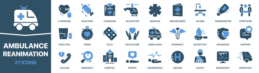 Ambulance and reanimation colored signed icon collection. Medicine, stretcher, healthcare, pharmacy, hospital icons. UI icon set. Colored icons pack. Vector illustration