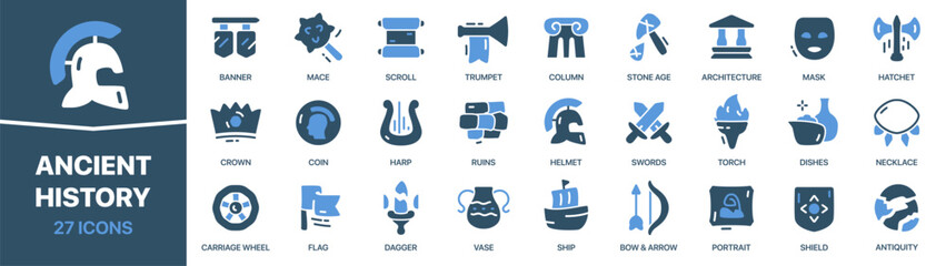 Ancient history colored signed icon collection. Helmet, scroll, column, harp, swords icons. UI icon set. Colored icons pack. Vector illustration
