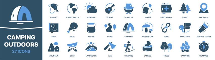 Camping and outdoors colored signed icon collection. Fishing, traveler, forest, road, trekking icons. UI icon set. Colored icons pack. Vector illustration