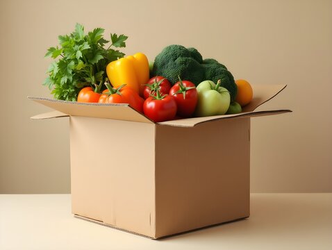 Stacked Cardboard Box Filled with Fresh Produce, Representing Food Delivery or Charity.