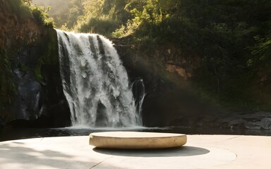 Nature backround for product placement, 3D waterfall landscape mockup backdrop for product and cosmetic presentation, backdrop photo for package or packaging box container