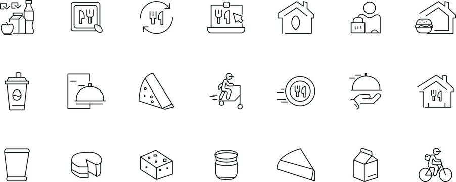 Extensive Collection of Linear Food Delivery Icons  Restaurant, Home, Package, Cheese, and More - 277.eps Vector Graphics