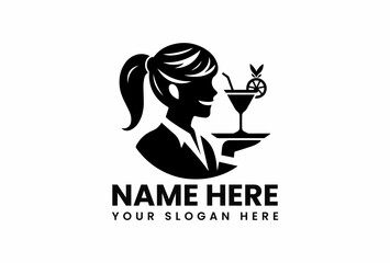 Black stylized vector logo design featuring smiling female waitress with cocktail tray for bar or restaurant  
