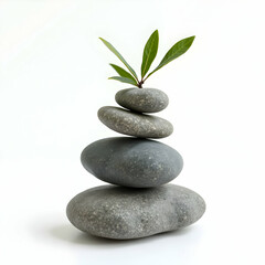 Fototapeta premium Stacking Stone Cairn with Green Leaves on White Background