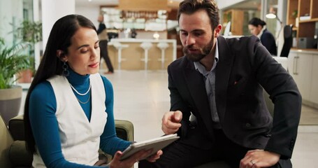 Hotel, lobby and business people in meeting on tablet for discussion, planning and B2B deal. Hospitality, professional and woman with man on tech for digital contract, agreement and partnership - Powered by Adobe