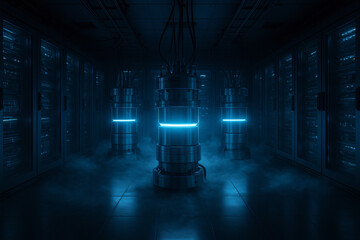 A futuristic quantum computing core glowing in a high-tech data center, surrounded by mist, symbolizing advanced technology, innovation, and digital infrastructure.