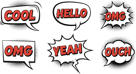 Set of retro comic speech bubbles with halftone effect design. Various exclamations, including 'Cool', 'Hello', 'OMG', 'Yeah', and 'Ouch' are depicted inside the bubbles. Vector illustration.