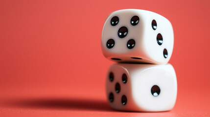 Two white dice are stacked on top of each other on a red background. Concept of anticipation and excitement, as if someone is about to roll the dice and see the outcome