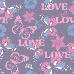 Girls seamless pattern with  sloganand butterfly  . background for texylie, graphic tees, kids wear. Wallpaper for teenager girls. Fashion style