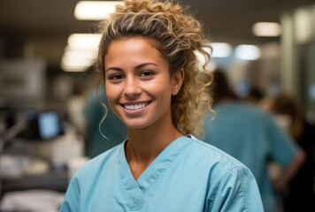 Fototapeta premium A smiling healthcare professional in scrubs stands confidently in a medical environment, embodying warmth and compassion towards patients in a clinical setting.