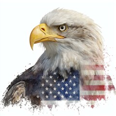 Naklejka premium A majestic eagle with detailed feathers and an American flag background.