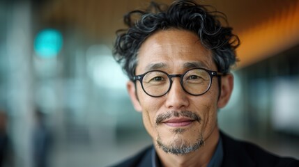 A smiling man wearing stylish glasses poses confidently in a modern environment, reflecting a sense of sophistication, confidence, and joyful engagement in life.