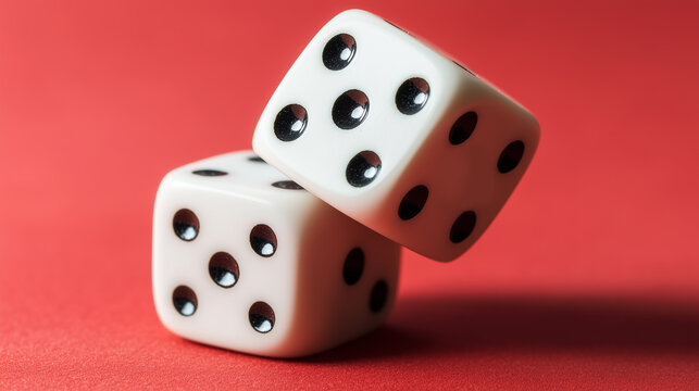 Two white dice are stacked on top of each other on a red background. Concept of anticipation and excitement, as if someone is about to roll the dice and see the outcome