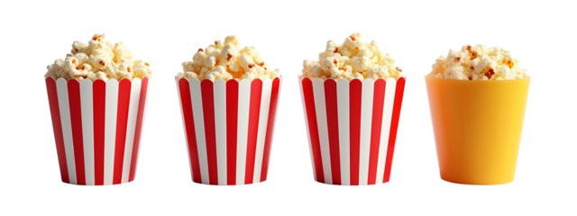 Three red and white striped paper cups filled with popcorn.