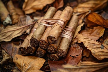 Premium Quality Picture of Cigars Package on Dried Tobacco Leaves