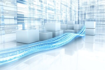 Abstract digital network.  Data stream flowing through a grid of white cubes