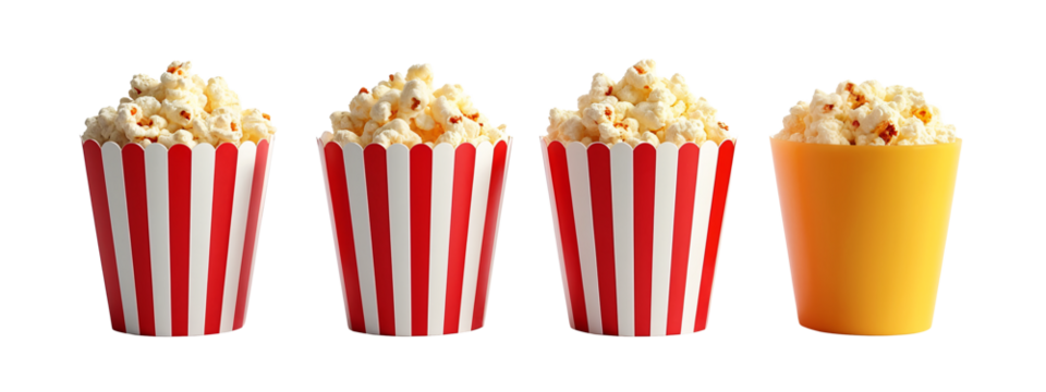 Three red and white striped paper cups filled with popcorn.