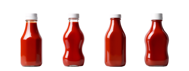 A set of four bottles of ketchup