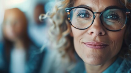 A confident woman wearing glasses gazes directly at the camera, exuding intelligence and warmth in a setting that highlights her charm and professional demeanor.