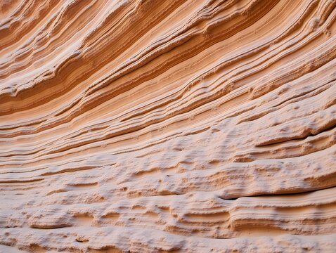 Close-up view of intricate, layered rock formations with wavy, orange and gray bands. Detailed patterns of geological strata.