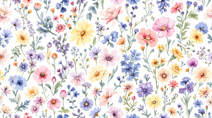Fototapeta premium Floral Seamless Pattern Watercolor Flowers Isolated on Transparent Background, Floral Design