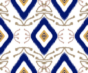 A repeating ikat pattern in cool muted blue tones with elegant diamond shapes, blending cultural heritage with contemporary design. Ideal for textiles, home furnishings, fashion prints, wallpapers.