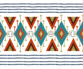 A repeating ikat pattern in cool muted blue tones with elegant diamond shapes, blending cultural heritage with contemporary design. Ideal for textiles, home furnishings, fashion prints. 