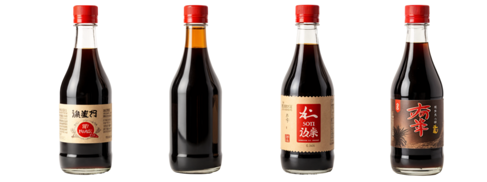 A set of three bottles of soy sauce