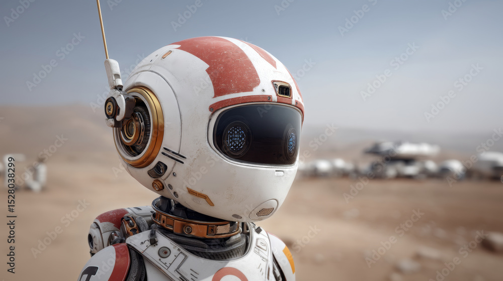 Aufkleber A robot is actively exploring the surface of a foreign planet, equipped with advanced technology. It is engaged in a mission to gather information and discover new features in the landscape.