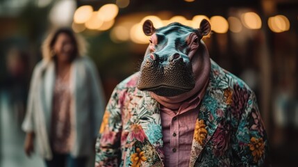 Fototapeta premium An individual wearing a vibrant hippo mask walks through a festive setting, embodying creativity and whimsy amidst glowing lights, showcasing unique artistic expression.