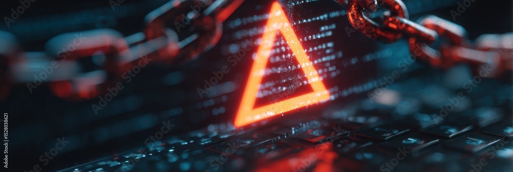 Poster Computer Monitor Displays Warning Triangle and Digital Chains, Indicating Potential System Issues or Alerts During Cybersecurity Assessment