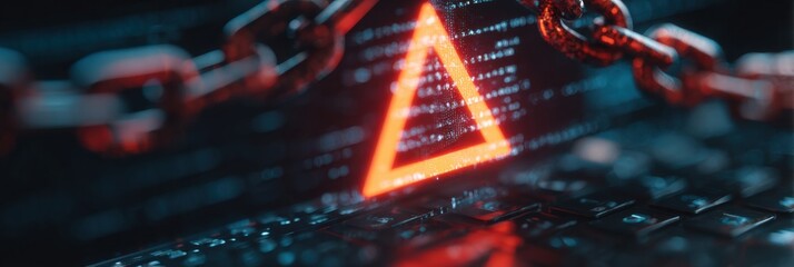 Computer Monitor Displays Warning Triangle and Digital Chains, Indicating Potential System Issues or Alerts During Cybersecurity Assessment