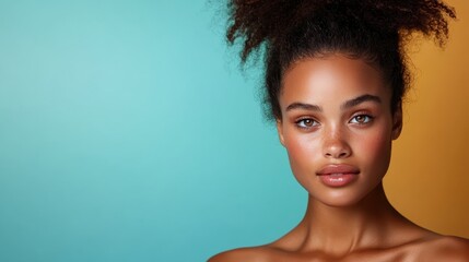 This captivating image features a stunning woman posing gracefully against a brightly colored backdrop, exuding confidence and allure that captivates the viewer's attention instantly.