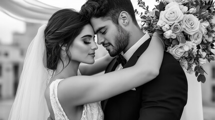 Wedding couple embracing happily