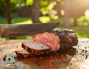 Traditional cuisine meat grill outdoors scene with juicy steak sliced on wooden board bar-b-q meat grill food smoke grilling
