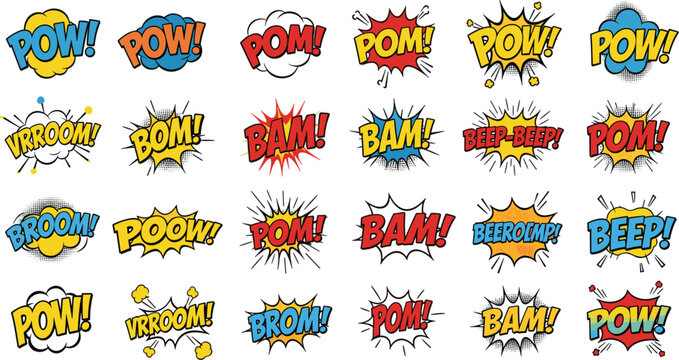 A vibrant collection of comic speech bubbles featuring classic onomatopoeic expressions like Pow!, Bam!, and Vroom!.
