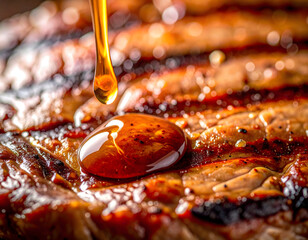 Traditional cuisine meat grill outdoors with sauce dripping on juicy steak surface bar-b-q meat grill food smoke grilling