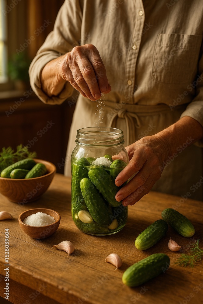 Poster homemade pickling process with fresh cucumbers and garlic in rustic kitchen