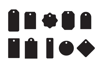 Collection of stylized black price tags and labels with various shapes
