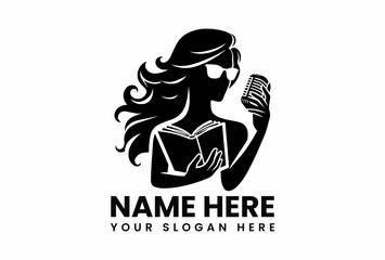 Elegant black silhouette of a woman singing into a microphone while reading from a book. Music and education concept